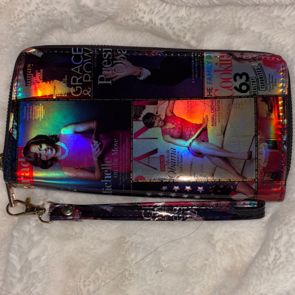 Holographic Magazine Print Wristlet Wallet - Multicolor Michelle Obama